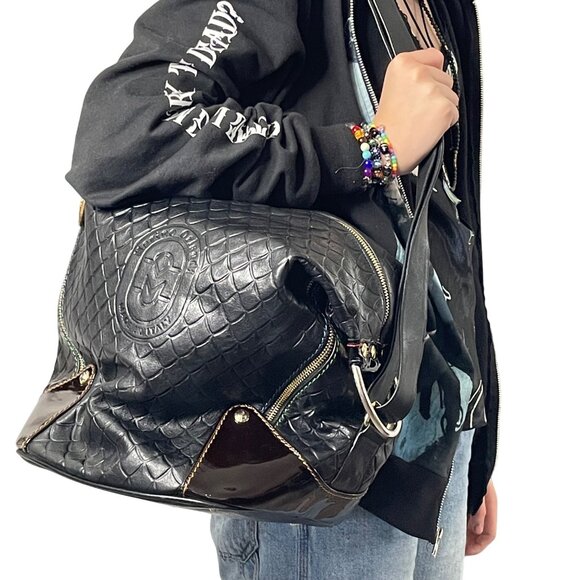 Marino Orlandi Italian Embossed Black Leather Sling Convertible Bag - Picture 3 of 11